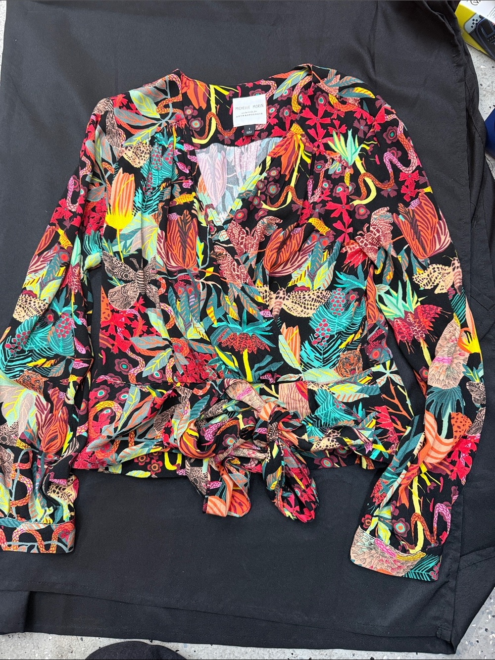 Michelle Morin or Anthropologie Black Floral & Tropical Tie-Front Wrap Blouse